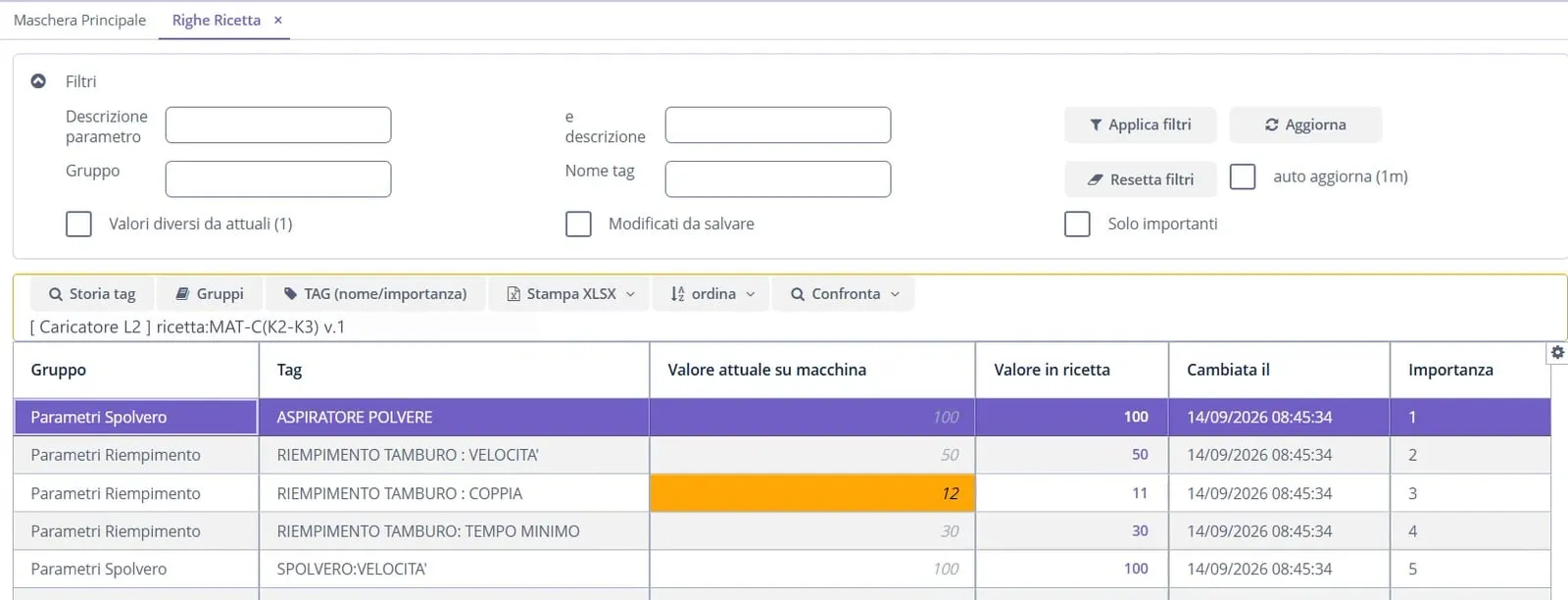 App GI4: righe di una ricetta con valore attuale su macchina e valore in ricetta, la differenza evidenziata in arancione